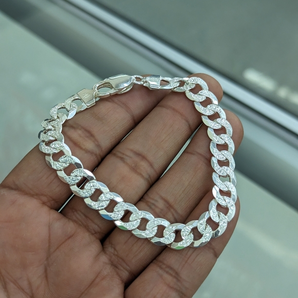 925 Sterling Silver Cuban Diamond Cut Bracelet 9.5mm 8 Inches